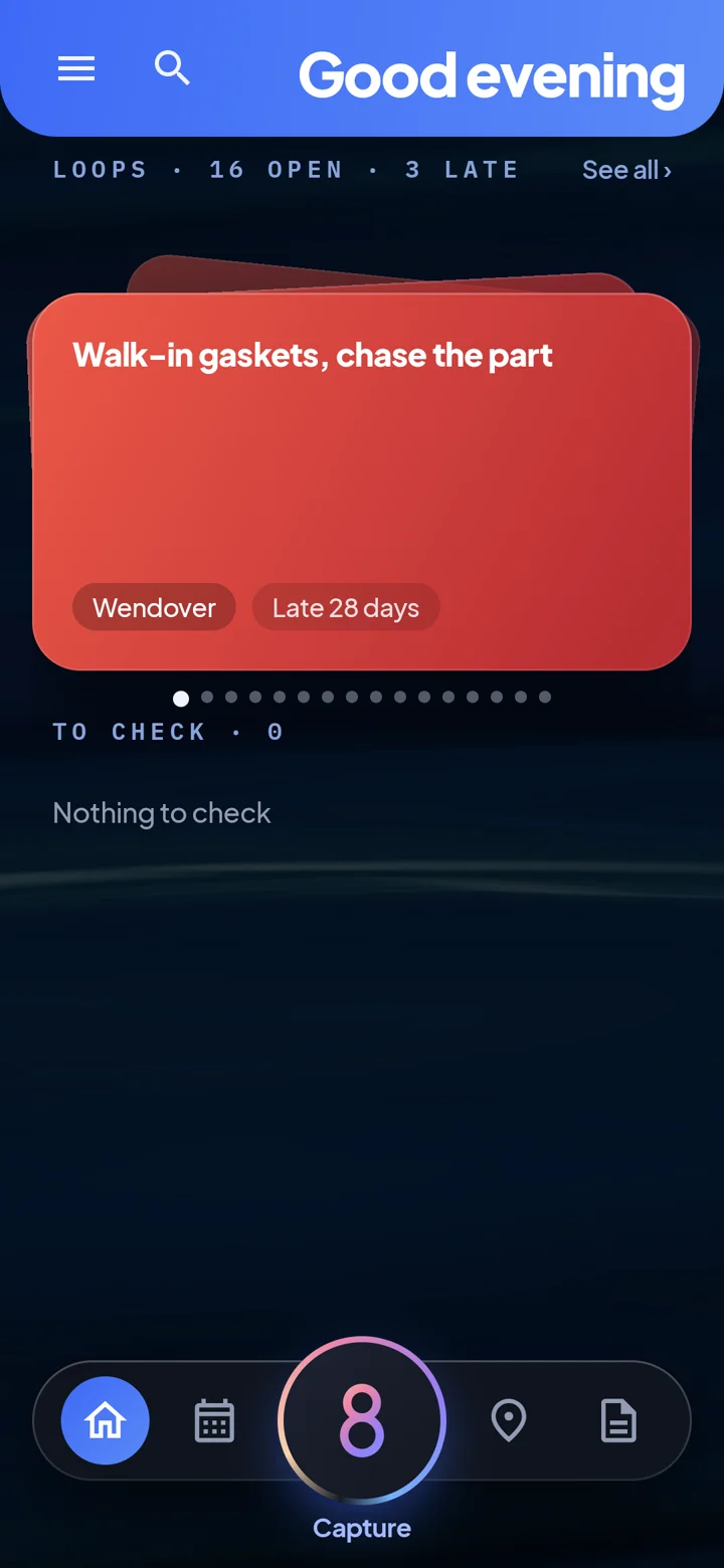 Area8 Home with the open-loop card stack, overdue first