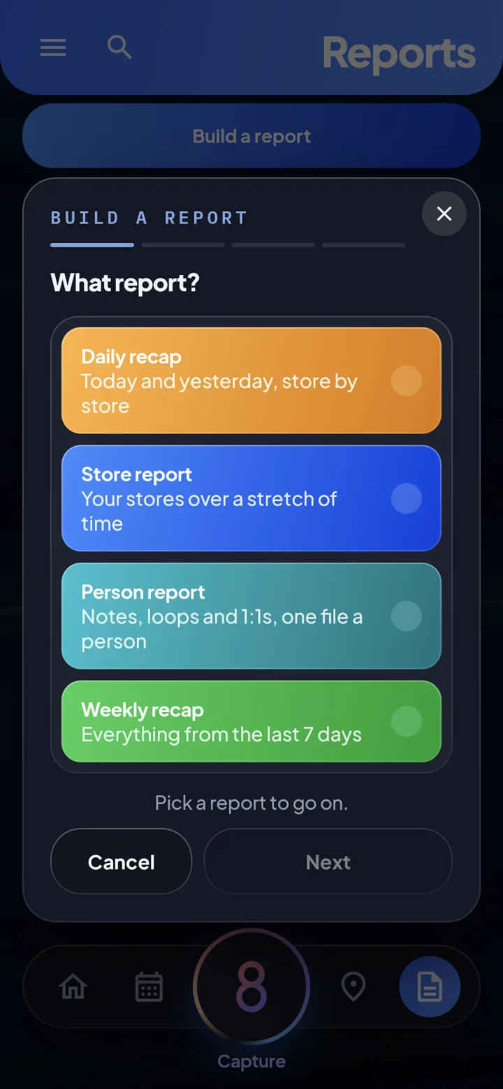 Area8 report builder with daily recap, store report, person report and weekly recap