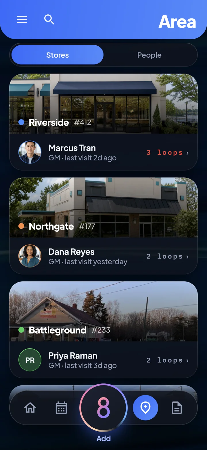 Area8 My Stores with location photos, general managers and open-loop counts