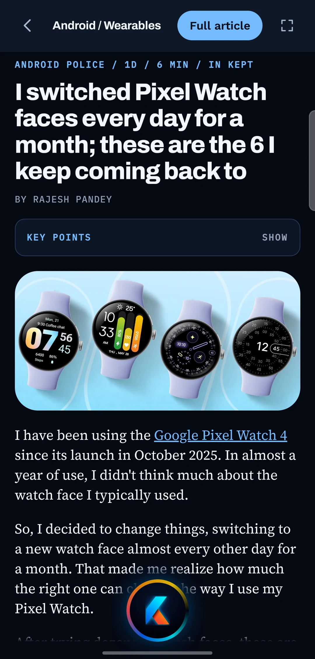 A saved article open in the Kept reader