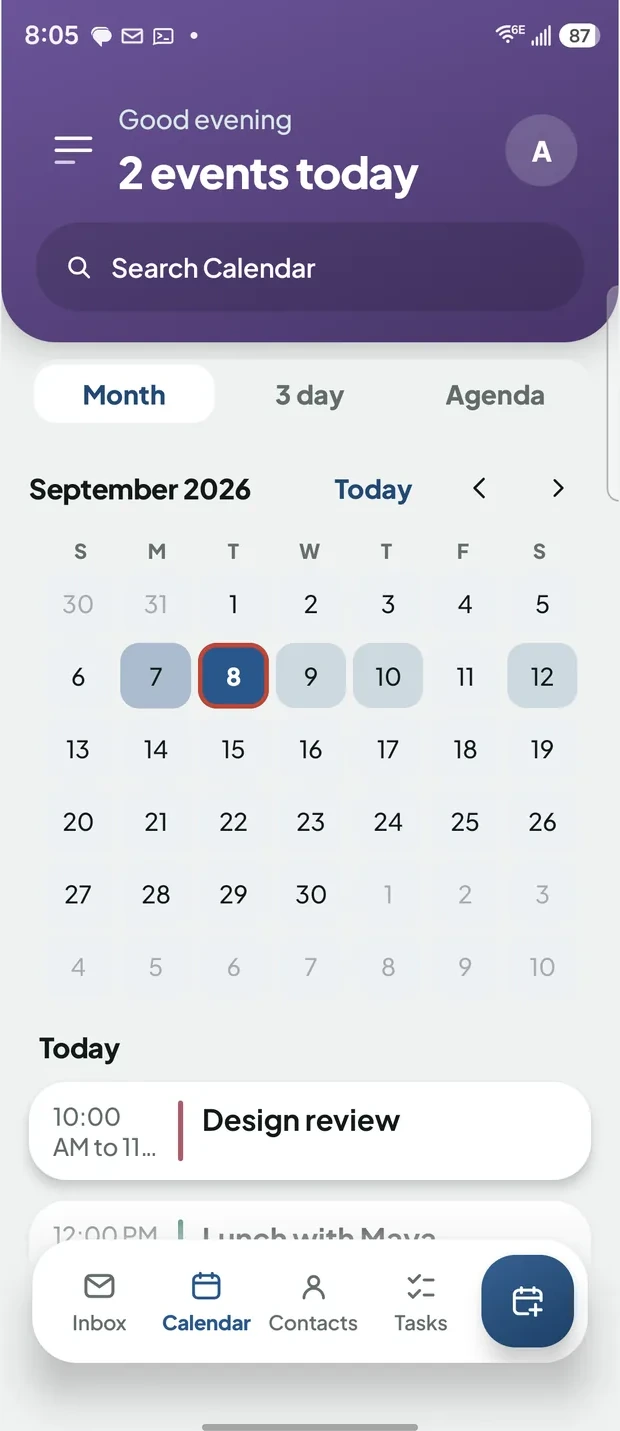 The Keryx calendar in month view with the day's events listed underneath