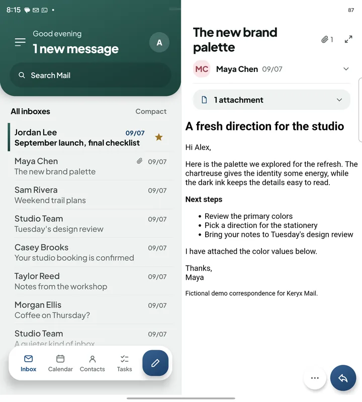 Keryx on an unfolded foldable: inbox list on the left, the open message on the right