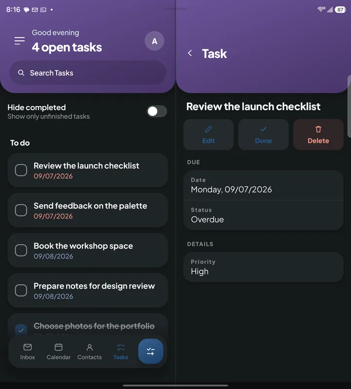 Keryx tasks on an unfolded foldable: the task list beside an open task with its due date and priority