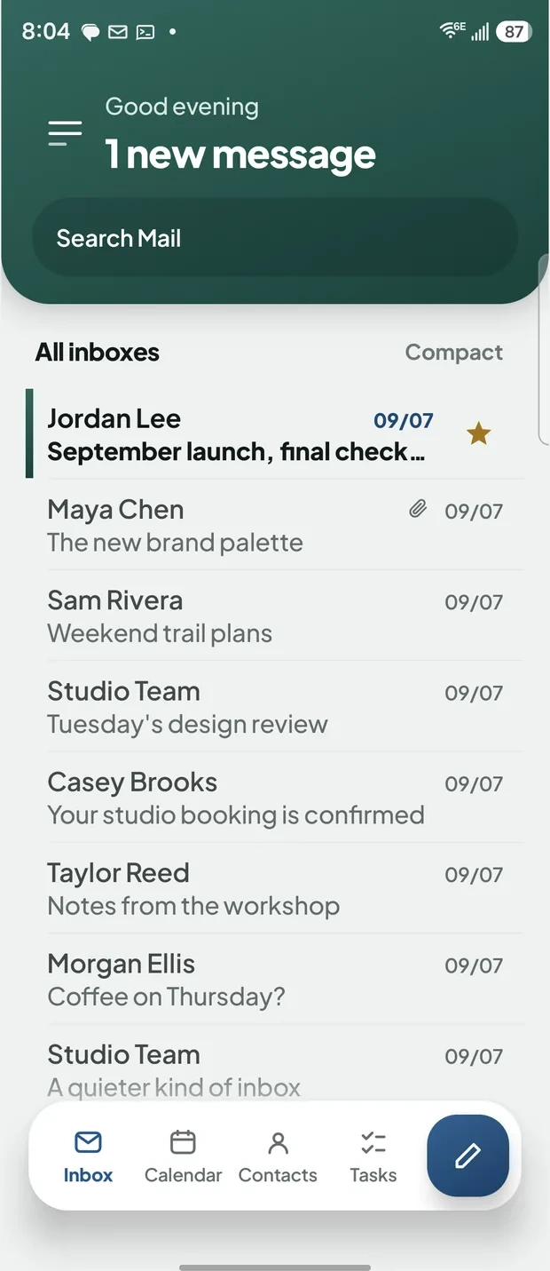 The Keryx inbox: one message per card, a search bar and the four-tab bar for mail, calendar, contacts and tasks