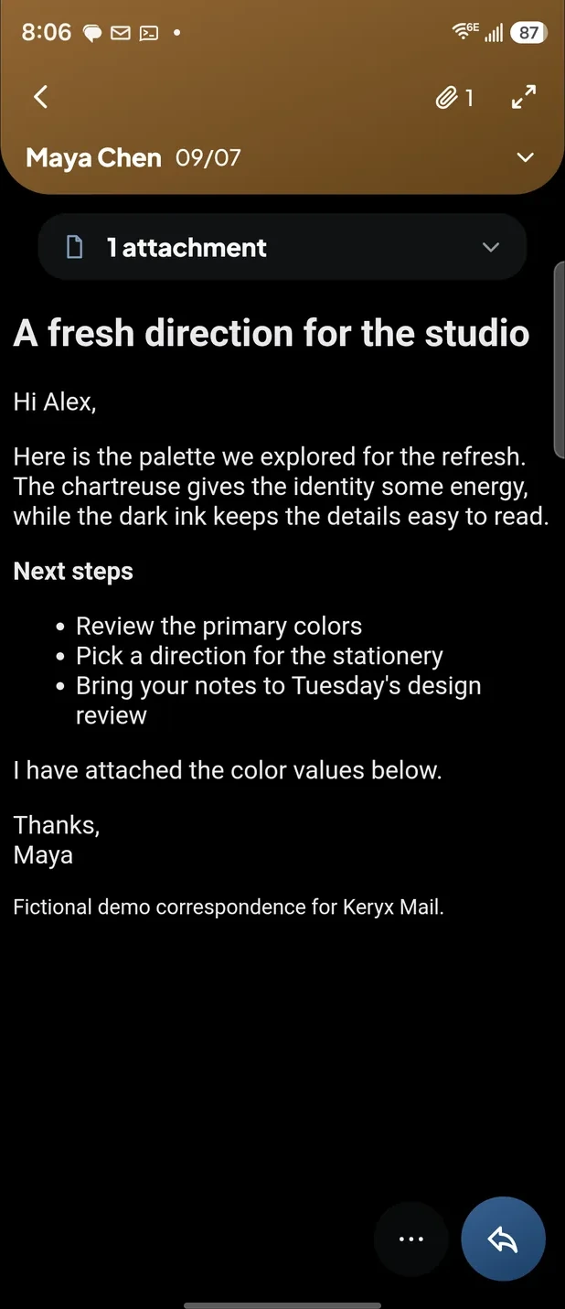 A message open in Keryx with its attachment chip and formatted body