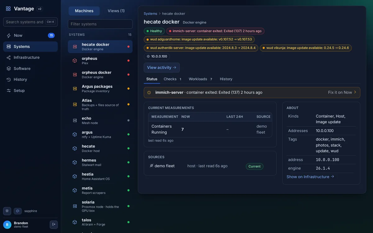 The Systems view in Vantage, one row per machine